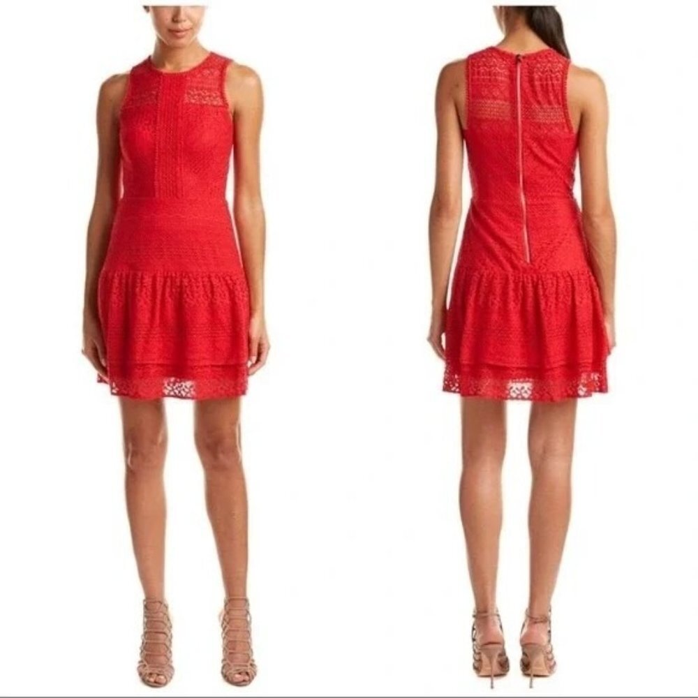 NWT Parker Women's Eyelet Lace Fit & Flare Mini Dress Sleeveless Red Size Large